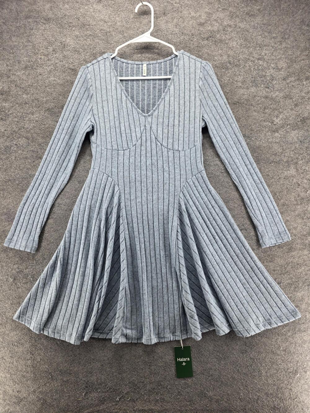 Halara Dress Womens M Gray Sweater Dress Fit & Flare Short V-Neck Striped Ribbed